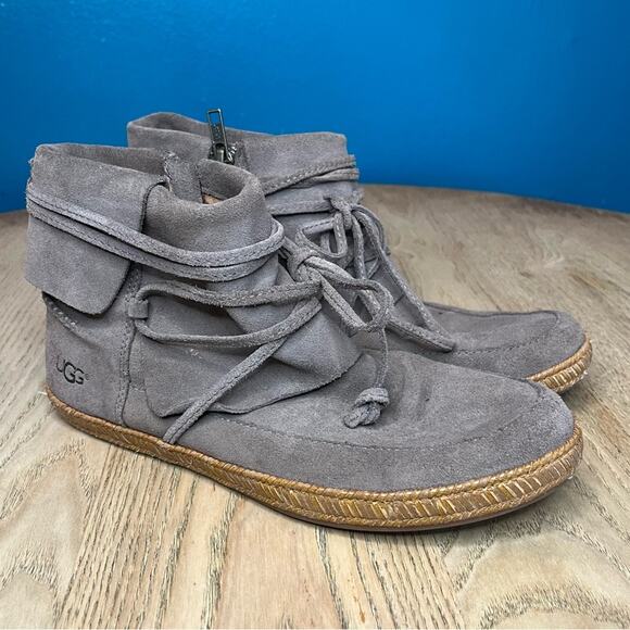 UGG Reid Moc Bootie Suede Ankle Boot Tan Slate Wrap Lace Boho Women’s Size 7.5 - Picture 1 of 11
